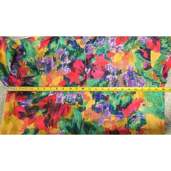 Basic Editions 100% SILK Watercolor Button Up Long Sleeve Top Retro Women’s Sz L - Picture 5 of 7